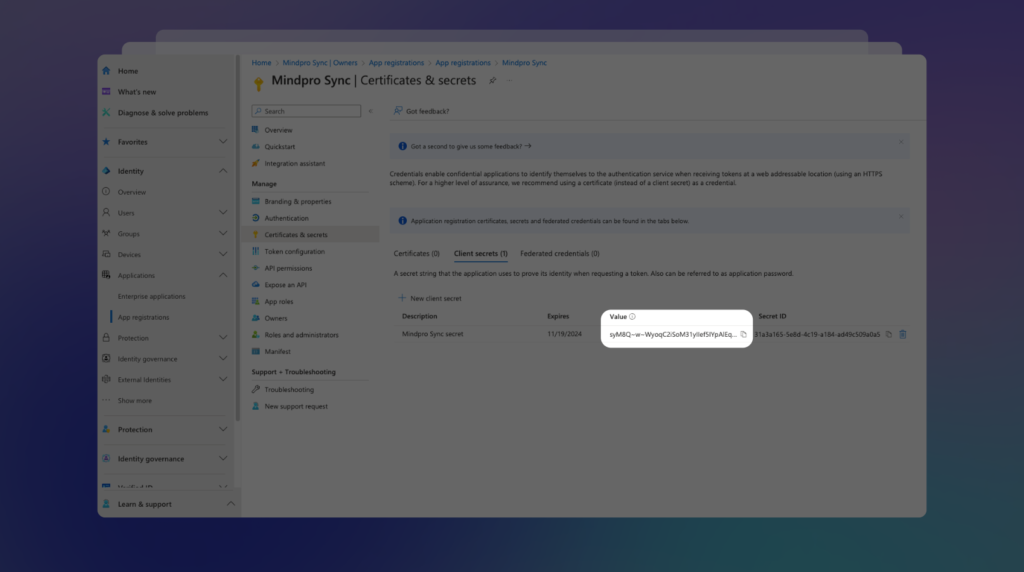 Connect Azure AD to Jira - Copy the secret value and past into another place